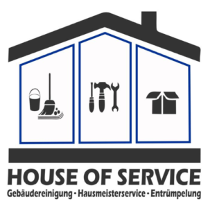 Das Logo von House of Service - ein stilisiertes Dach mit einem Besen und Eimer - steht für professionelle Reinigungsservice und Hausmeisterdienste von höchster Qualität.
